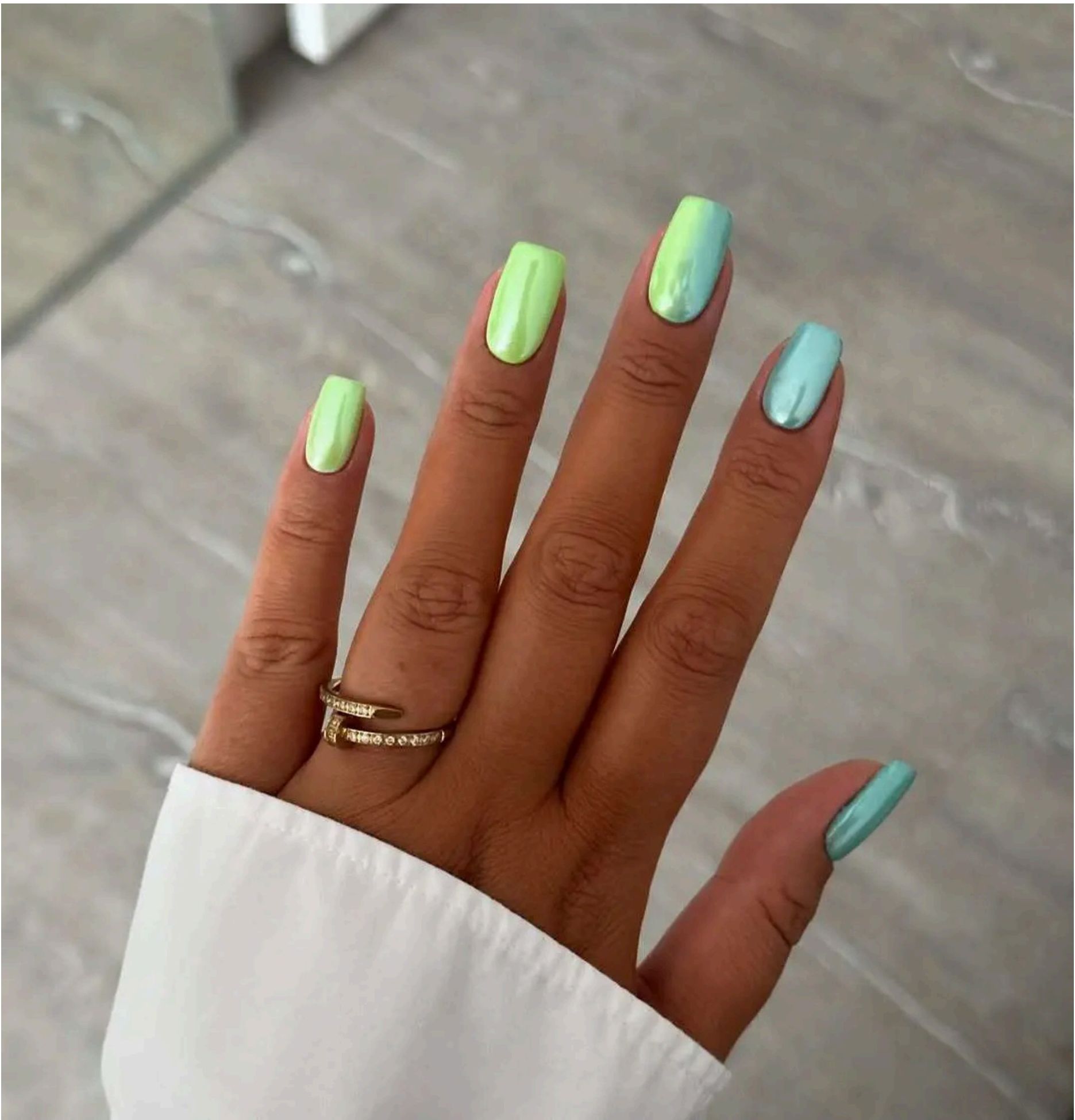 Neon lime and aqua chrome nails serving mermaid lagoon realness.